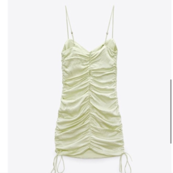 Zara Lime green Satin ruched dress size L - Picture 2 of 13
